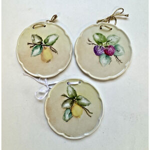 3 Porcelain Fruit Wall Hanging Decor Vintage China Painting 3.5" Hand painted